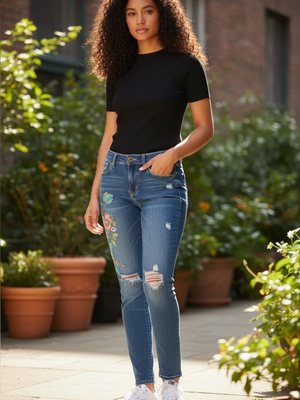 Suzanne Betro Dark Blue Skinny Jeans with Multicolor Floral Embroidery
